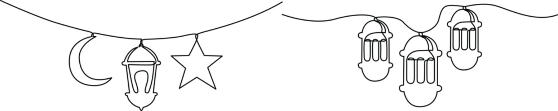 Continuous line drawing of hanging ramadan lanterns star and crescent moon decorations for eid. Vector