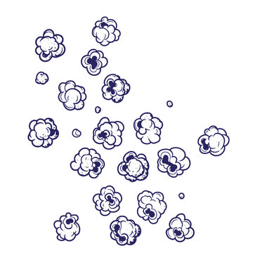 Scattered popcorn kernels illustrated with dark blue outlines and textured fill on a white background