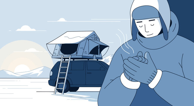 Winter Camping Adventure Car Tent Snow Landscape Person Warming Hands