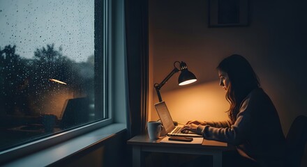 Fototapeta premium A Young Woman Focuses On Her Laptop While Working Late At Home During A Rainy Evening, Illuminated By The Warm Glow Of A Desk Lamp.