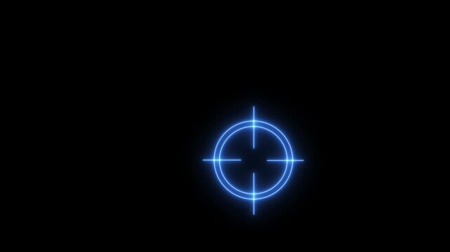 Glowing neon aim cross, target cross hair animation on black background. Neon Cross hairs Target Reticule with Red Center on Black Background.