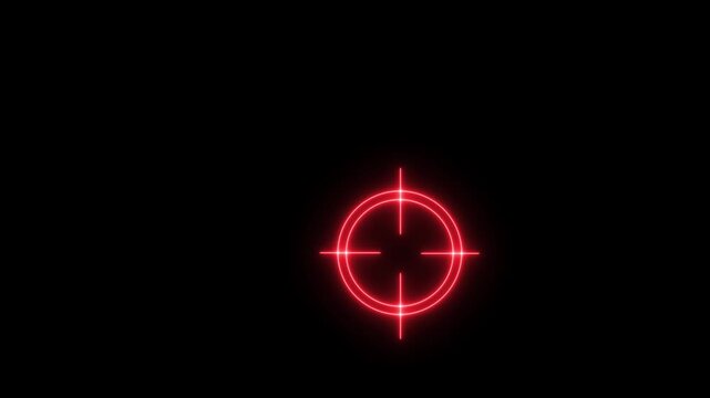 Glowing neon aim cross, target cross hair animation on black background. Neon Cross hairs Target Reticule with Red Center on Black Background.