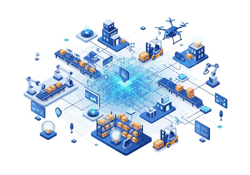 Isometric Illustration of Smart Factory and Logistics Network.