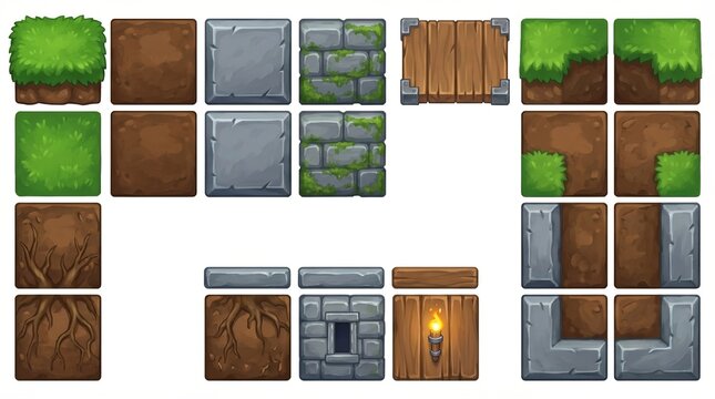 Versatile 2D cartoon game tileset featuring grass, dirt, stone, mossy bricks, wood, roots, and torch elements. Ideal for building platformer and RPG levels.