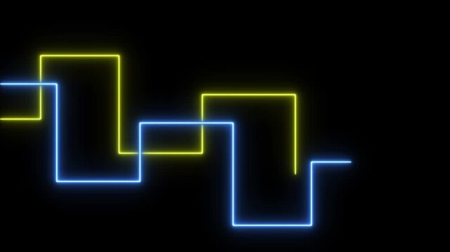 Neon geometric moving laser line on black background. Neon rays with retro shape lighting lines motion background.