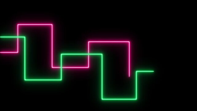 Neon geometric moving laser line on black background. Neon rays with retro shape lighting lines motion background.