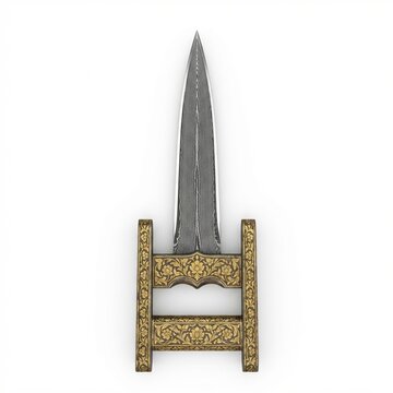 Ornate Indian Katar push dagger with distinctive Damascus steel blade and intricately decorated gold hilt featuring floral patterns, isolated on white background.