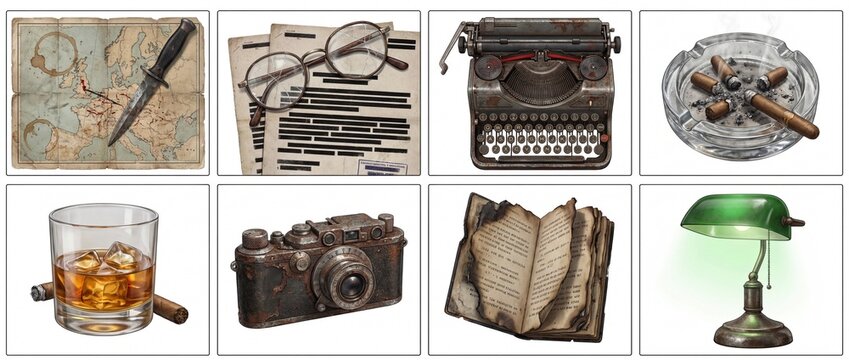 A compelling collection of vintage objects for mystery, detective, and espionage themes: old map, knife, redacted documents, typewriter, cigars, whiskey, camera, burnt book, banker's lamp.