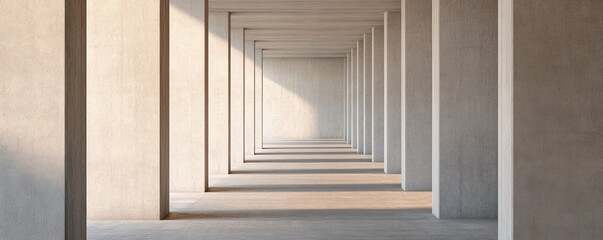 Fototapeta premium Modern Concrete Corridor Symmetrical Pillars, Deep Perspective, Sunlight and Long Shadows, Architectural Minimalism, Rhythm, Depth. Brutalism, Geometry
