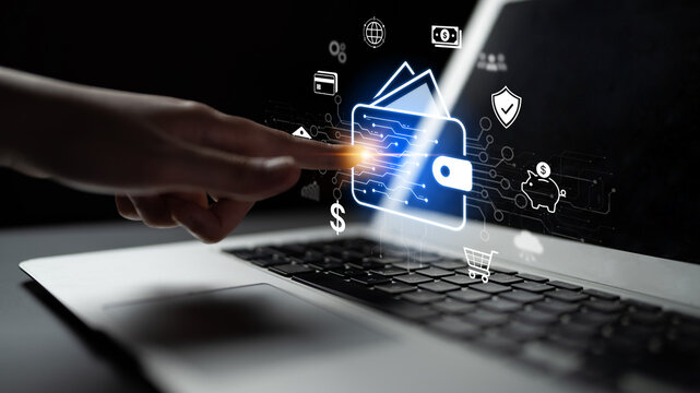 Modern mobile banking concept featuring secure digital wallet interface, contactless NFC payment, and money transfer. Represents safe user financial buy transactions in a cashless society. Corpus