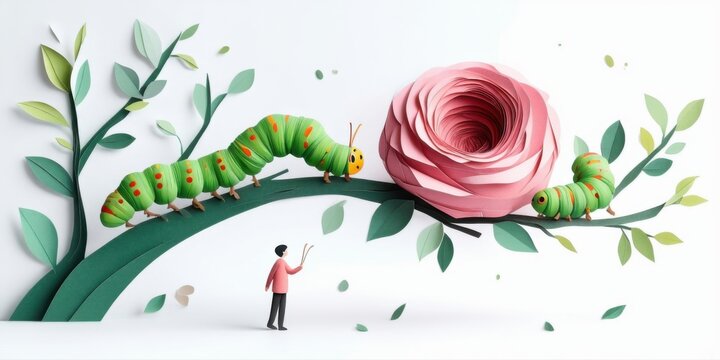 Papercraft scene depicts tiny person near rose, caterpillars crawl upon branch. Minimalist style, soft colors, whimsical design.