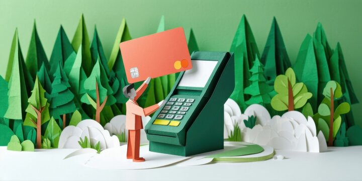 Papercraft scene depicts person using card reader. Forest backdrop creates whimsical, minimalist aesthetic. Payment processing illustrated.