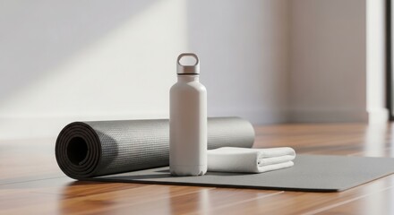Fototapeta premium Yoga mat and water bottle on gym floor room.