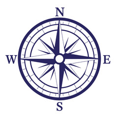 Obraz premium Dark blue nautical compass rose with cardinal directions n e s w isolated on a white background featuring a circular frame with degree markings and a central star shape