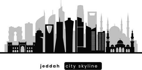 Fototapeta premium Jeddah Skyline Silhouette. Modern Saudi city skyline line art, skyscrapers, futuristic metropolis. 