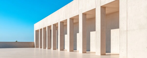 Naklejka premium Rhythmic concrete columns forming a minimalist modern facade under a bright blue sky, highlighting geometric shadows and serene vastness. Architecture, light
