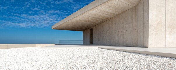 Skyline Minimalism Angular concrete architecture meets a serene blue horizon over a bright white gravel terrace, embodying modern tranquility and geometric purity. ,Modern ,Brutalist
