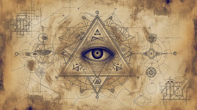 Esoteric eye in a triangle with mystical geometric patterns