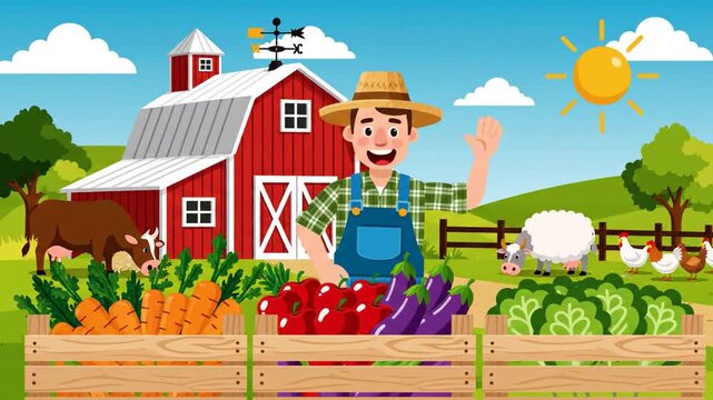 Animated farmer waving with vegetables and animals in farm setting cartoon style agricultural background happy scene