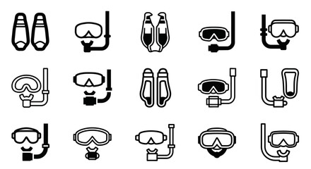 Scuba diving icons, snorkeling symbols, diving equipment, 16 black line illustrations © John