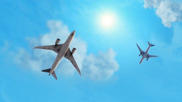 Low angle view flying airoplane with sky and sun