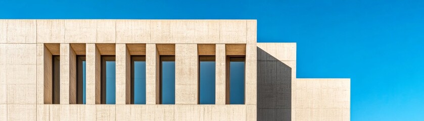Obraz premium Sun-drenched minimalist concrete facade with rhythmic vertical windows reflecting blue sky, sharp shadows accentuating modern geometric abstraction. Architecture, Minimalism