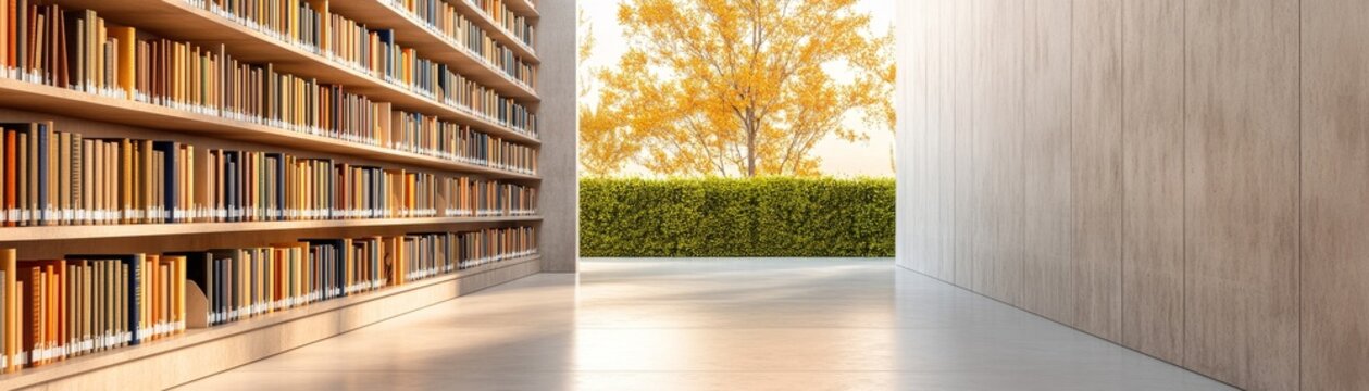Sunlit Library Endless bookshelves opposite a window framing vibrant green hedge and golden autumn tree. Modern interior blending study with nature's calm., Architecture, Reading