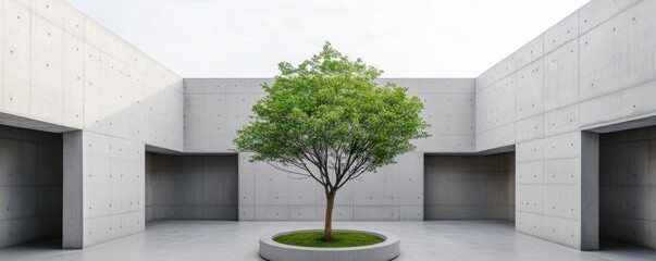 Symmetric minimalist concrete courtyard frames a vibrant central green tree, contrasting nature's vitality with brutalist architecture's serene, stark beauty. Architecture, Minimalism