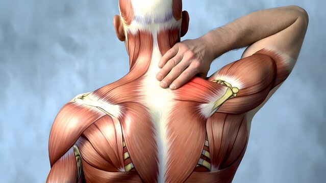 Cervical spine and trapezius muscle strain. Chiropractic care and massage therapy. Back view of a man holding his painful neck with red anatomical muscle highlights.