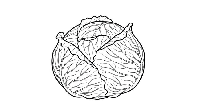 Simple black and white line drawing of a fresh whole cabbage head perfect for coloring book pages or grocery store organic logos.
