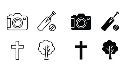 Fototapeta premium Contrast of black and white icons depicting photography, cricket, and nature symbols