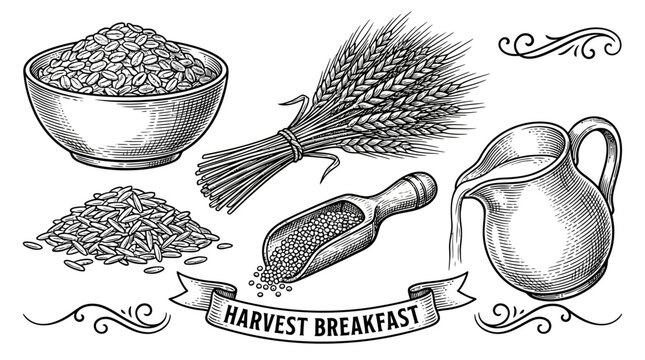 A vintage illustration depicts a healthy harvest breakfast with a bowl of oats, wheat stalks, a scoop of grains, and a pitcher of milk.