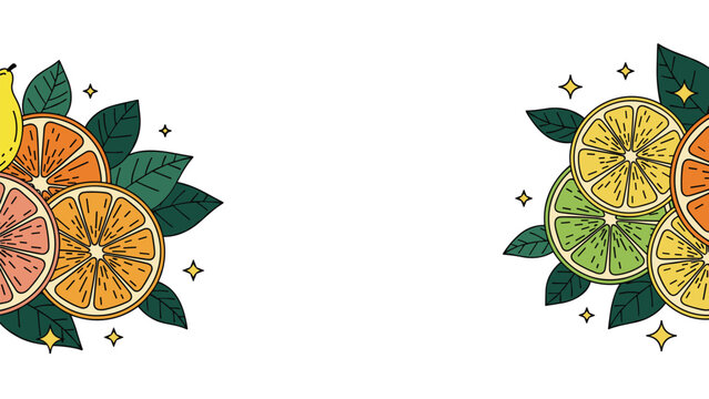 Fresh citrus fruit slices of orange lemon lime and grapefruit arranged in corners for refreshing summer and healthy diet themes.