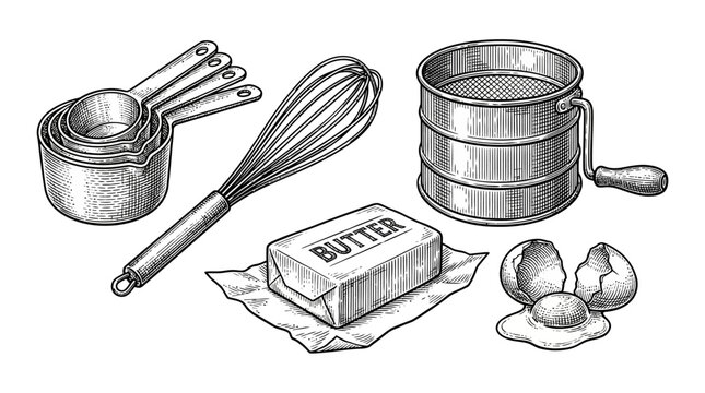 A collection of baking ingredients and tools including measuring cups, a whisk, butter, eggs, and a flour sifter.
