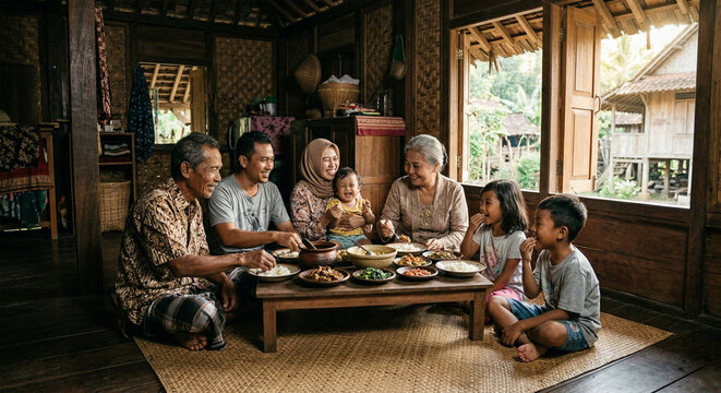 Happy diverse multi-generational Asian family having traditional dinner together in rustic wooden home