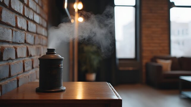 A dark humidifier emits mist in a cozy loft interior with brick walls and ambient lighting