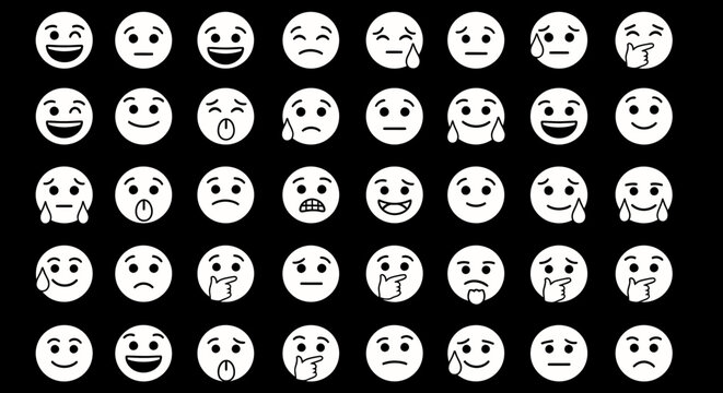 Collection of emoticon and emoji facial expression icons on isolated black background, conveying various human emotions.