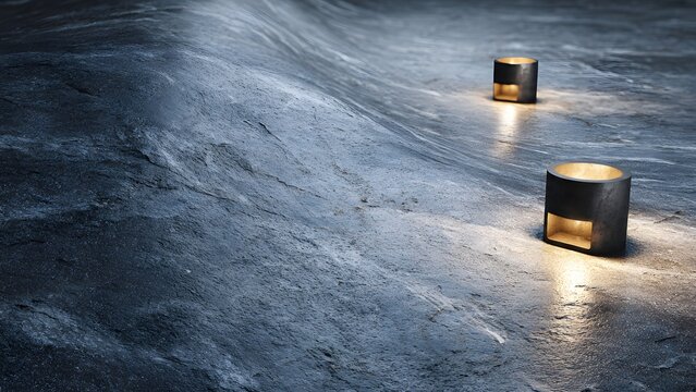 Two modern outdoor lights illuminate a textured, dark, and wavy concrete surface.