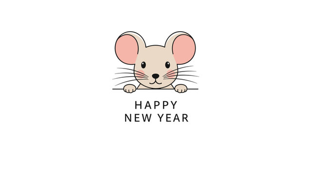 Cute little mouse peeking over a banner with happy new year text for chinese zodiac and festive winter celebrations.