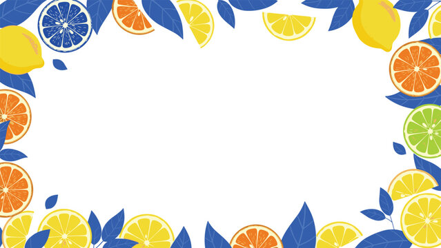 Vibrant citrus frame of lemons oranges and limes with stylized blue leaves on a white background for refreshing summer themes.
