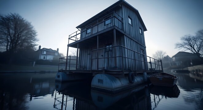 Floating Wooden House on Water at Dusk - Tranquil Scene