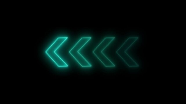 Glowing neon light animated traffic directional arrows sign. Left arrow for road direction. Flashing direction indicators .Abstract neon flashing light back arrow loading animation. Seamless loop.