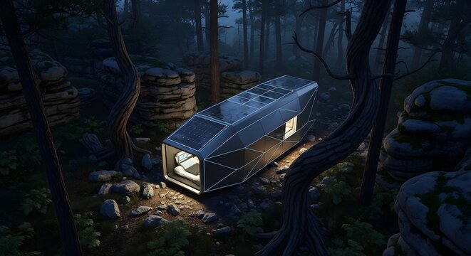 Futuristic Eco-Friendly Cabin in Forest at Night, Solar Panels, Sustainable Living
