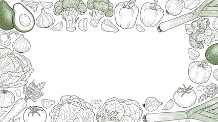Obraz premium Rectangular frame border featuring detailed hand drawn sketches of various vegetables like cabbage, tomatoes, and broccoli on white.