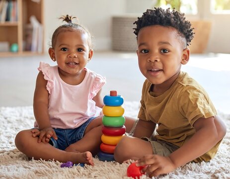 Two happy children playing with toys.