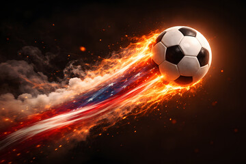 Fototapeta premium A fiery soccer ball streaks through the air trailing an american flag design