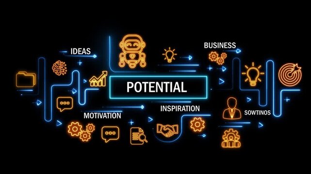 potential concept with interconnected digital icons and glowing neon lines on dark background. animation video