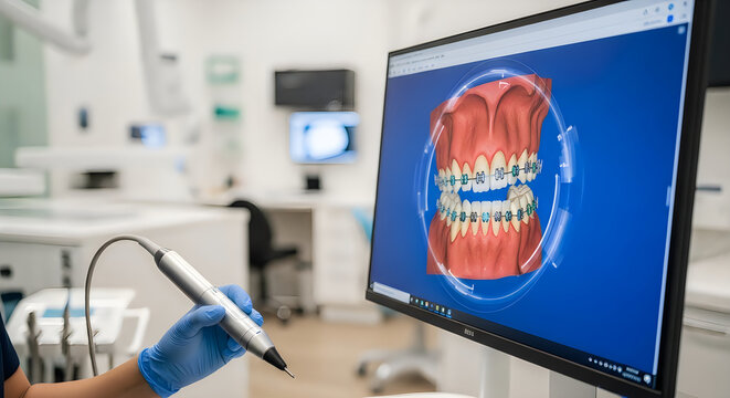 A dentist using a high tech intraoral scanner to create a 3d digital model of a patient teeth set
