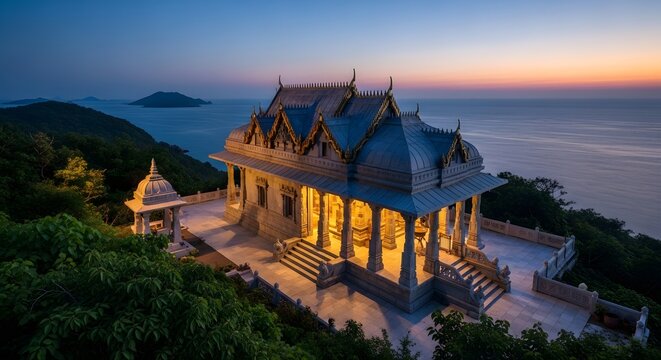 Serene Temple on a Hillside at Dusk