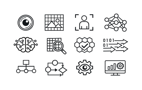 Computer vision technology. Line outline icon set of Computer vision technology: camera lens, image processing